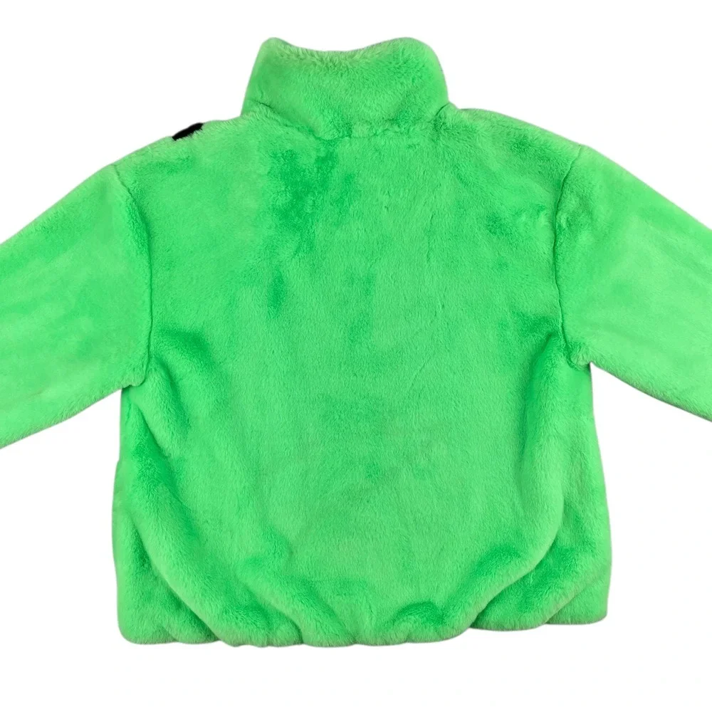 Nike Faux Fur Oversized Swoosh Jacket Womens S Green Black Full Zip Plush Fleece